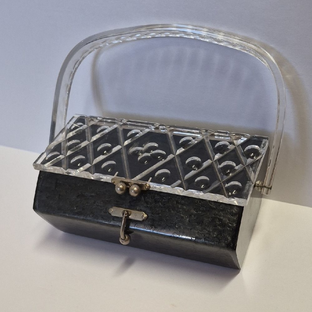 Vintage Art Deco Lucite Clutch Bag Black Clear Acrylic Hard Shell Evening 1940s